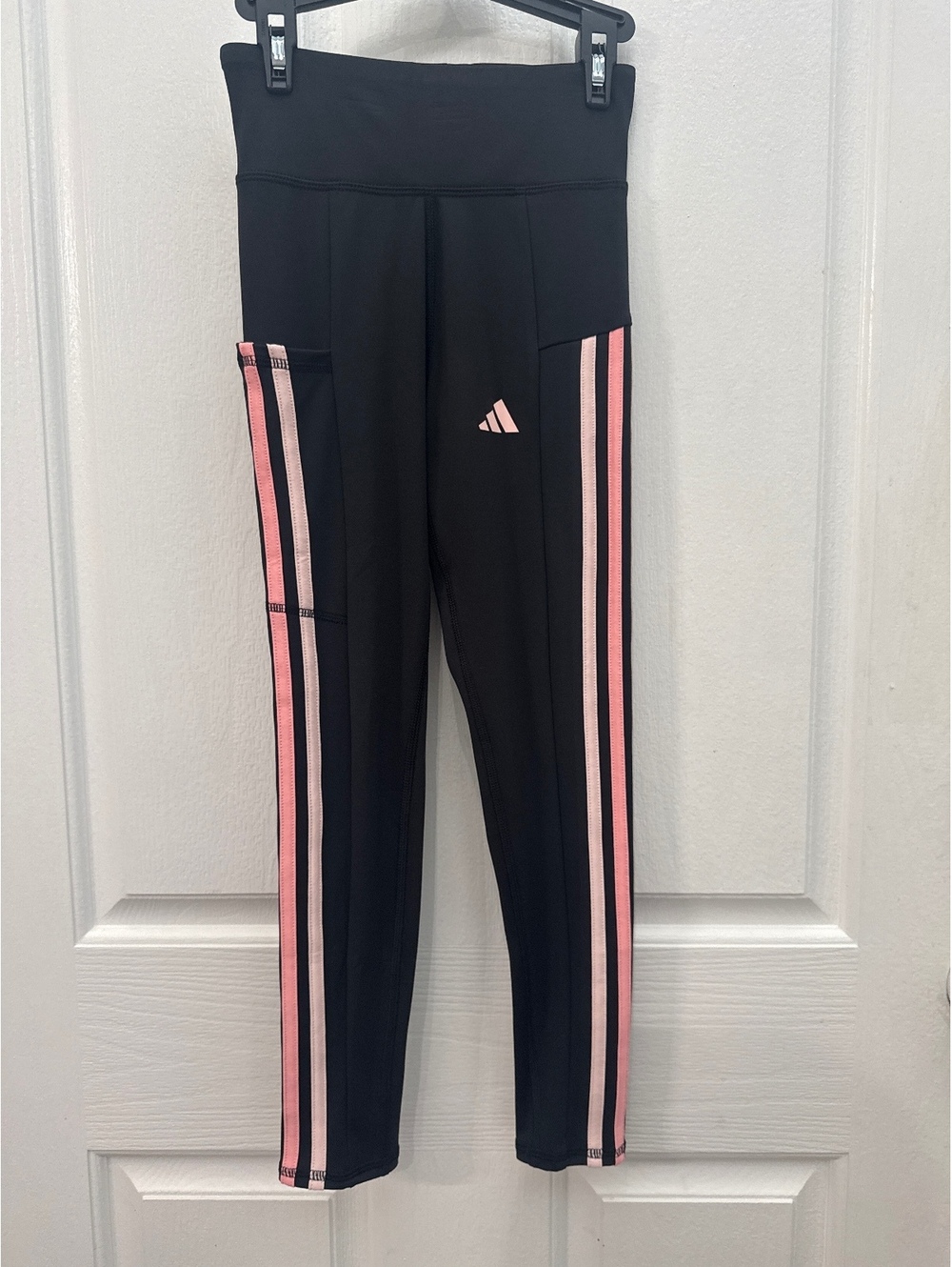 Adidas Girls Black Tight Fit Leggings with Pink Stripes, Size Small